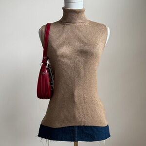 Vintage Saks Fifth Avenue Cotton Metallic Sweater Vest Gold Turtleneck Petite M
